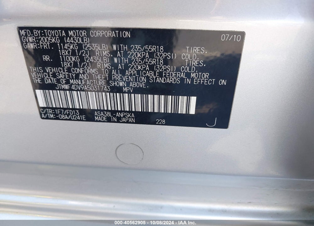 2010 TOYOTA RAV4 SPORT VIN: JTMWF4DV9A5031743