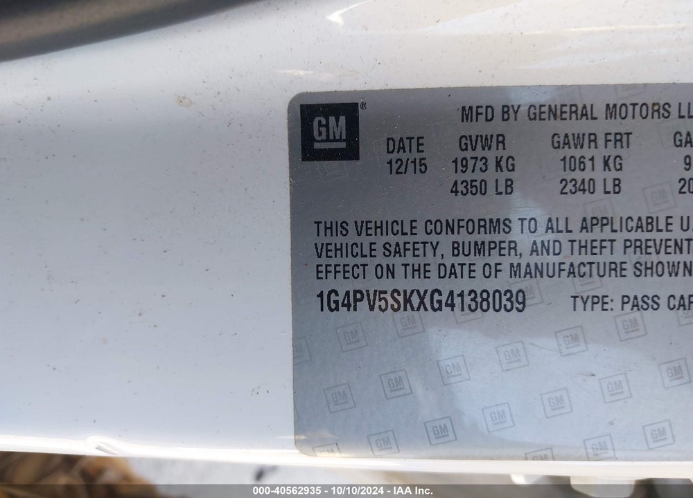 2016 BUICK VERANO 1SV VIN: 1G4PV5SKXG4138039