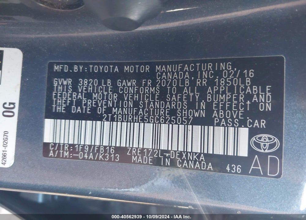 2016 TOYOTA COROLLA VIN: 2T1BURHE5GC625057