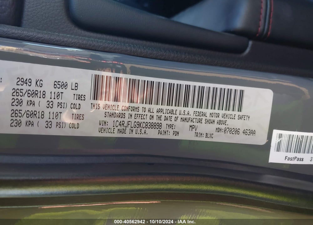 2019 JEEP GRAND CHEROKEE TRAILHAWK 4X4 VIN: 1C4RJFLG9KC838898