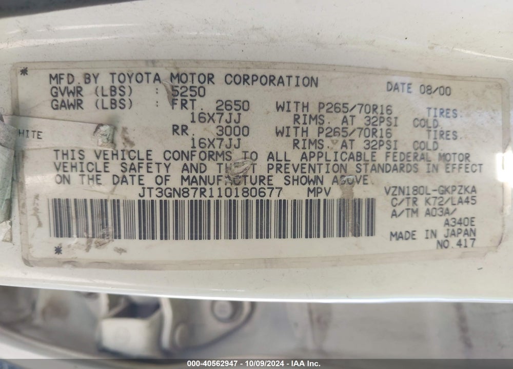 2001 TOYOTA 4RUNNER LIMITED V6 VIN: JT3GN87R110180677