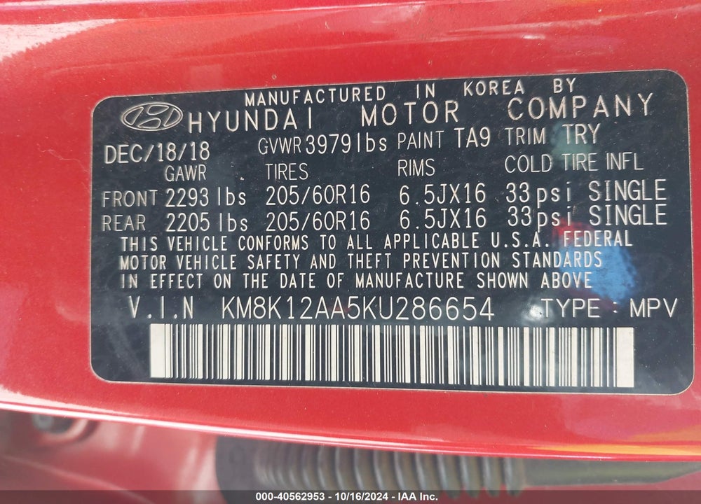 2019 HYUNDAI KONA SE VIN: KM8K12AA5KU286654