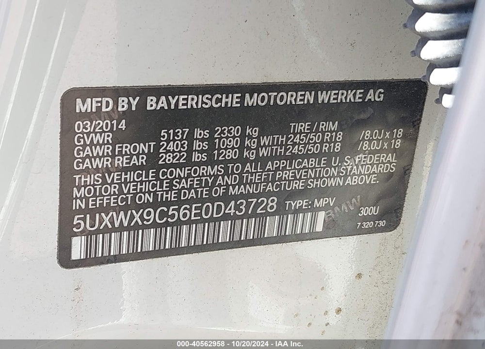 2014 BMW X3 XDRIVE28I VIN: 5UXWX9C56E0D43728