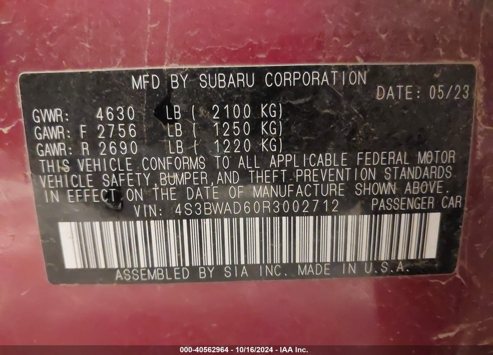 2024 SUBARU LEGACY PREMIUM VIN: 4S3BWAD60R3002712