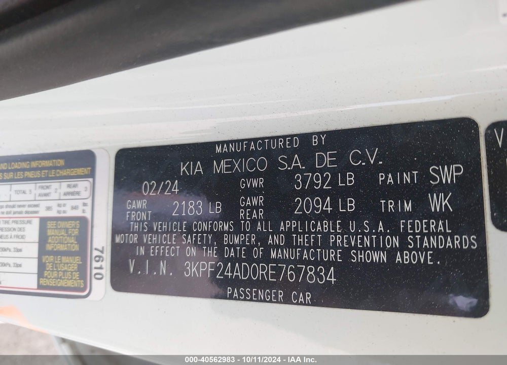 2024 KIA FORTE LXS VIN: 3KPF24AD0RE767834
