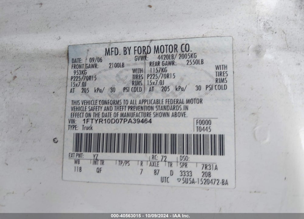2007 FORD RANGER STX/XL/XLT VIN: 1FTYR10D07PA39464