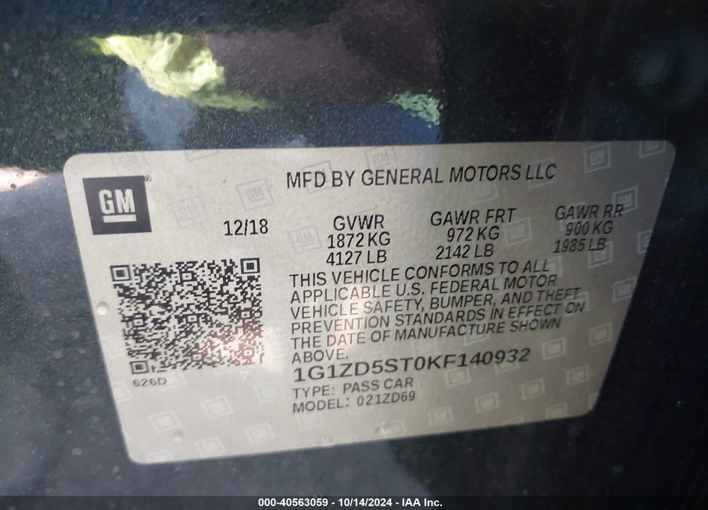 2019 CHEVROLET MALIBU LT VIN: 1G1ZD5ST0KF140932