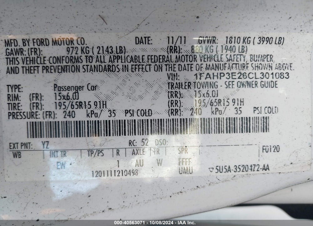 2012 FORD FOCUS S VIN: 1FAHP3E26CL301083