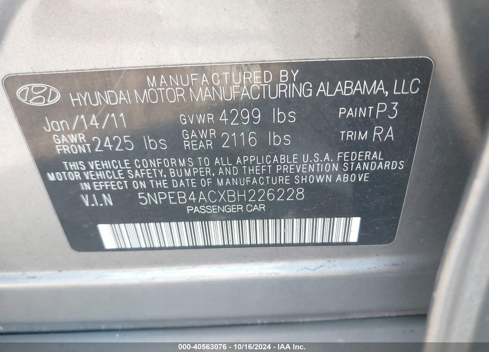 2011 HYUNDAI SONATA GLS VIN: 5NPEB4ACXBH226228