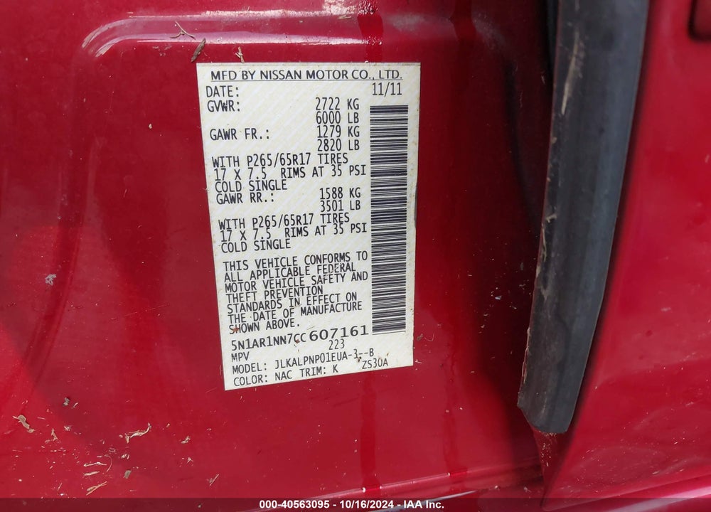 2012 PATHFINDER NISSAN  SILVER VIN: 5N1AR1NN7CC607161