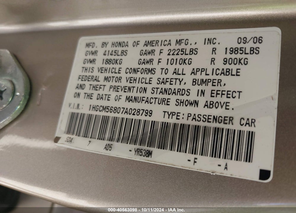 2007 HONDA ACCORD 2.4 EX VIN: 1HGCM56807A028799