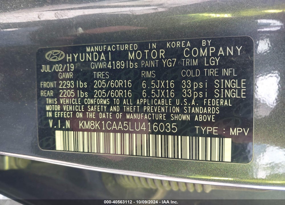 2020 HYUNDAI KONA SE VIN: KM8K1CAA5LU416035