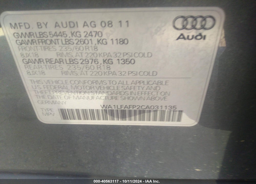 2012 AUDI Q5 2.0T PREMIUM VIN: WA1LFAFP2CA031135