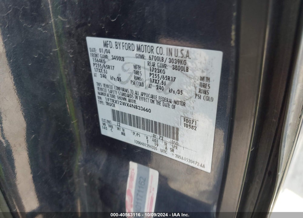 2004 FORD F-150 STX/XL/XLT VIN: 1FTRX12WX4NB33660