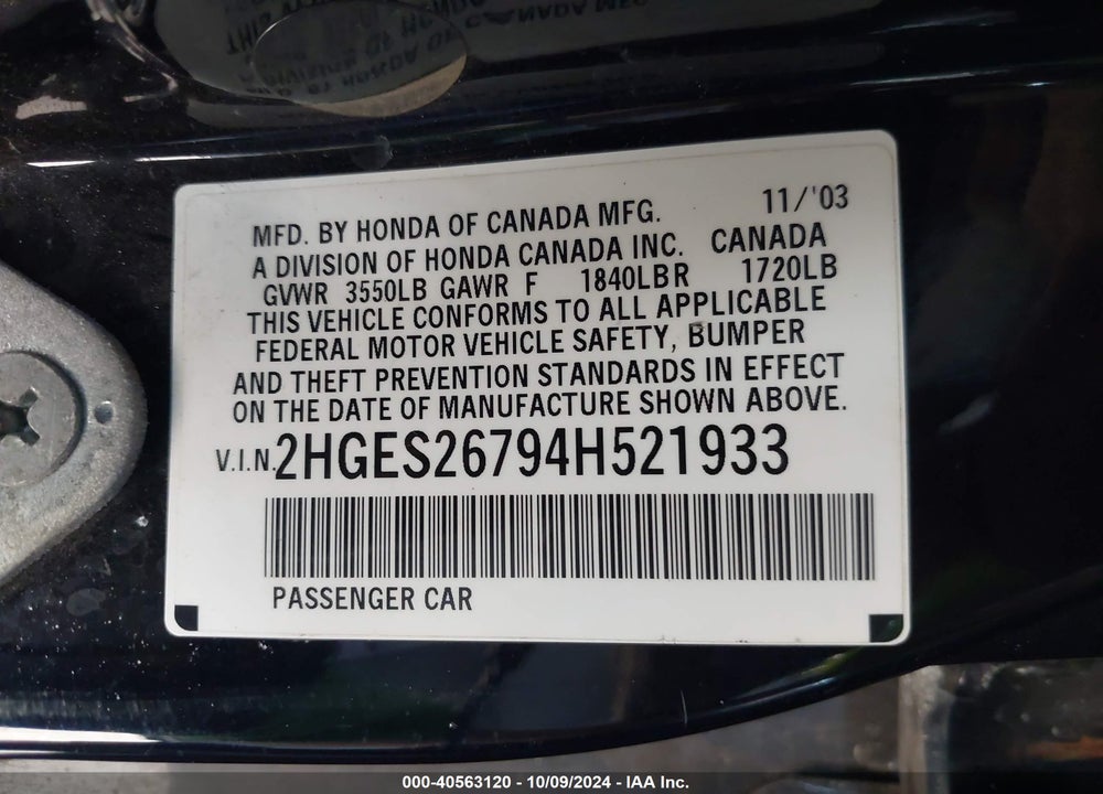 2004 HONDA CIVIC EX VIN: 2HGES26794H521933