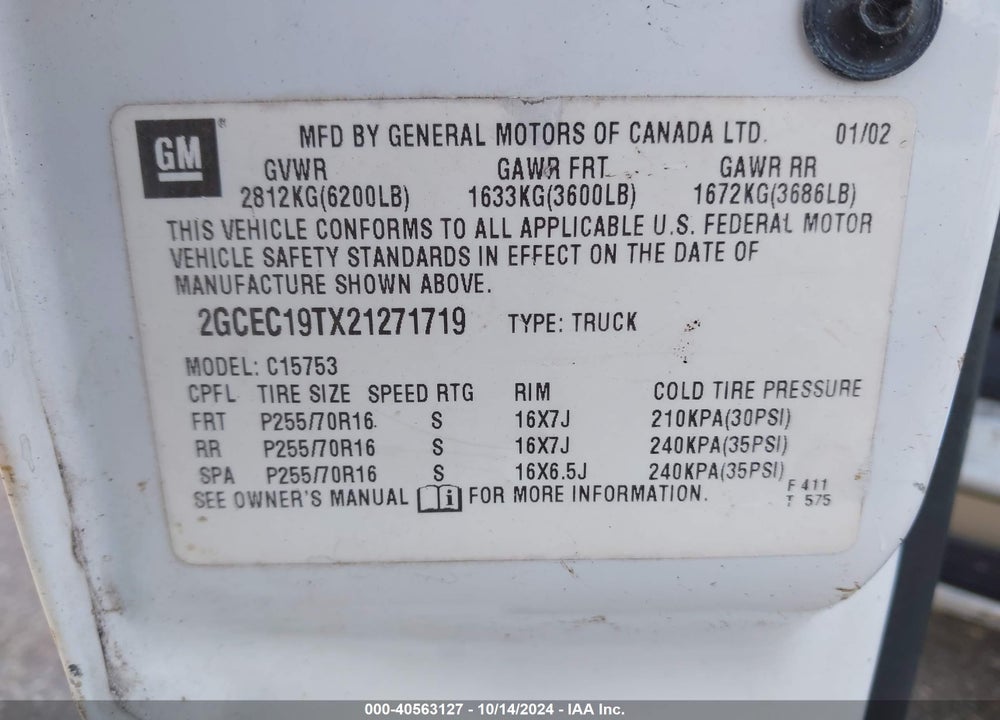 2002 CHEVROLET SILVERADO 1500 LS VIN: 2GCEC19TX21271719