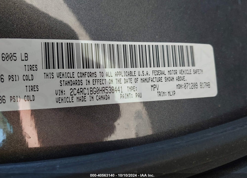2017 CHRYSLER PACIFICA TOURING L VIN: 2C4RC1BG0HR538441