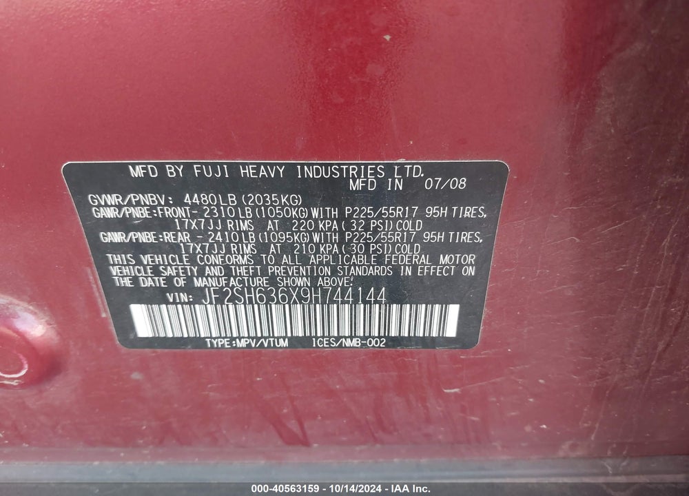 2009 SUBARU FORESTER 2.5X VIN: JF2SH636X9H744144