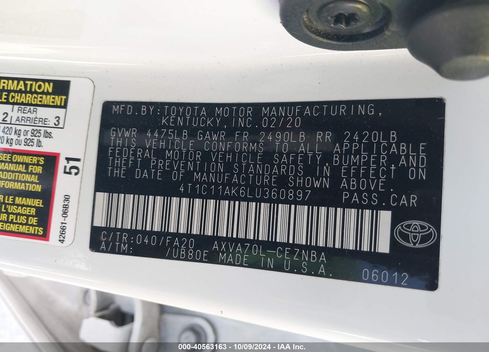 2020 TOYOTA CAMRY LE VIN: 4T1C11AK6LU360897