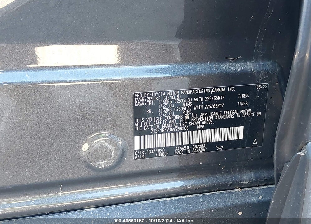 2022 TOYOTA RAV4 LE VIN: 2T3F1RFV3NW298206