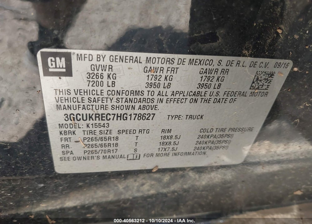 2017 CHEVROLET SILVERADO VIN: 3GCUKREC7HG178627