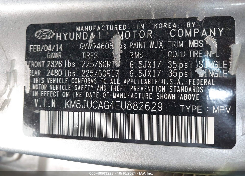 2014 HYUNDAI TUCSON SE VIN: KM8JUCAG4EU882629