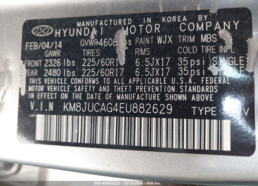 2014 HYUNDAI TUCSON SE VIN: KM8JUCAG4EU882629
