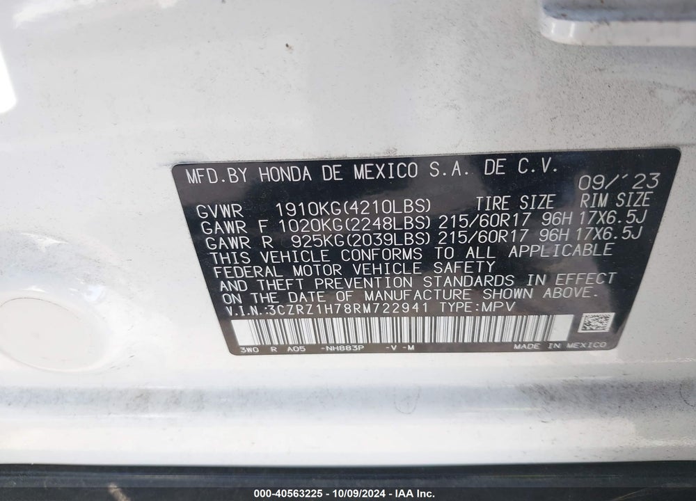 2024 HONDA HR-V 2WD EX-L/2WD EX-L W/O BSI VIN: 3CZRZ1H78RM722941