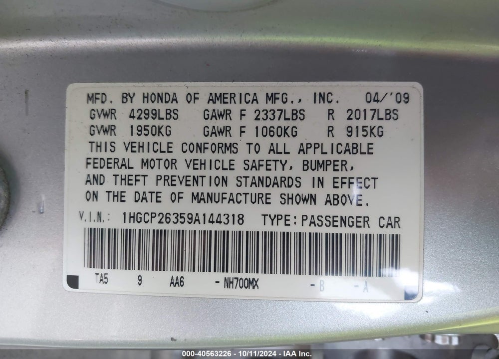 2009 HONDA ACCORD 2.4 LX VIN: 1HGCP26359A144318