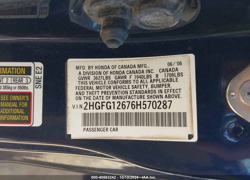 2006 HONDA CIVIC LX VIN: 2HGFG12676H570287