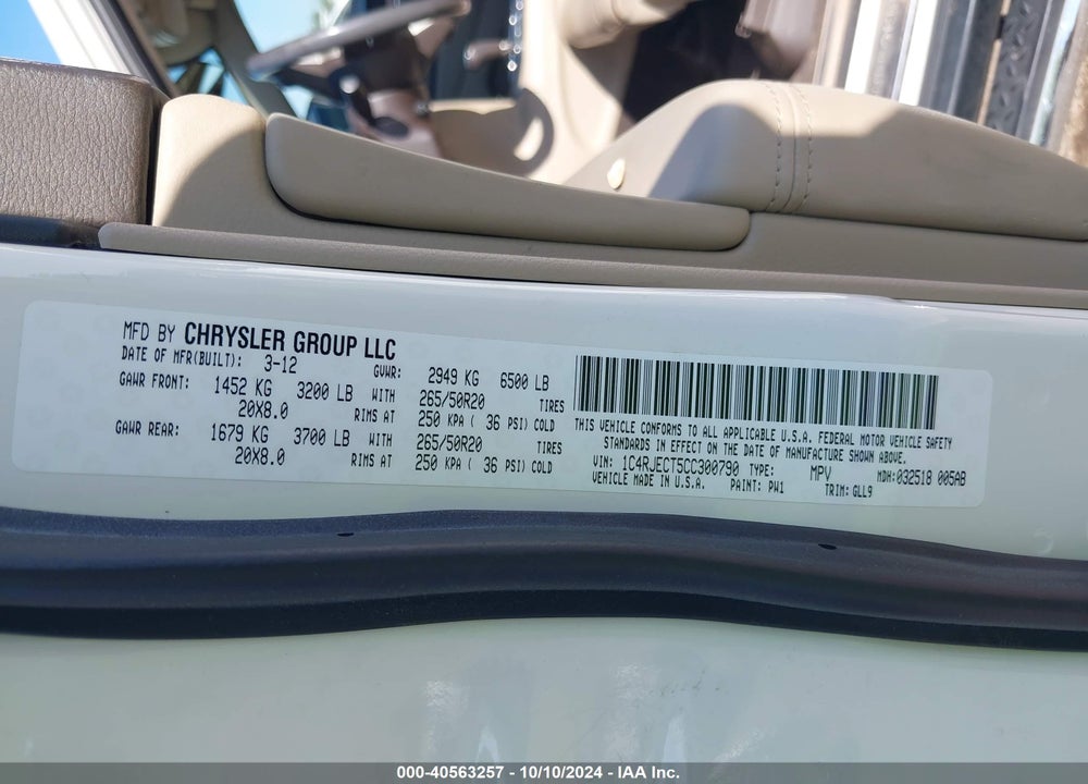 2012 GRAND JEEP  CHEROKEE OVERLAND VIN: 1C4RJECT5CC300790