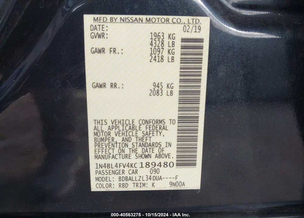 2019 NISSAN ALTIMA 2.5 PLATINUM VIN: 1N4BL4FV4KC189480