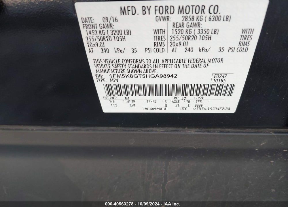 2017 FORD EXPLORER SPORT VIN: 1FM5K8GT5HGA98942