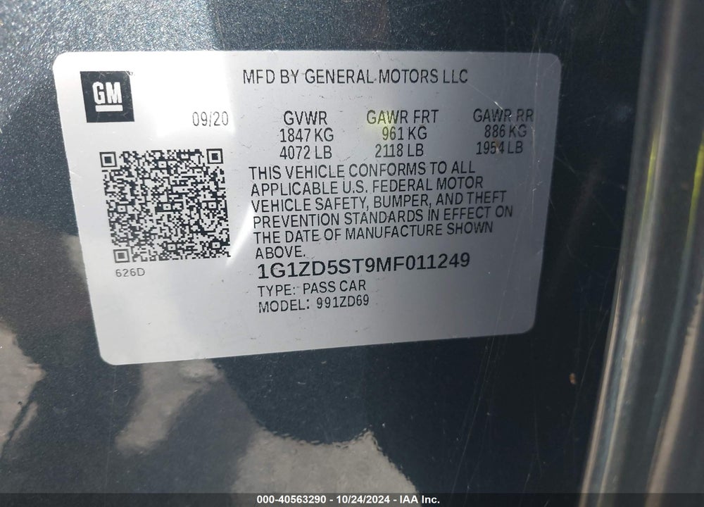 2021 CHEVROLET MALIBU FWD LT VIN: 1G1ZD5ST9MF011249