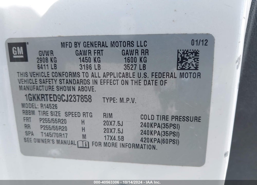 2012 GMC ACADIA DENALI VIN: 1GKKRTED9CJ237858
