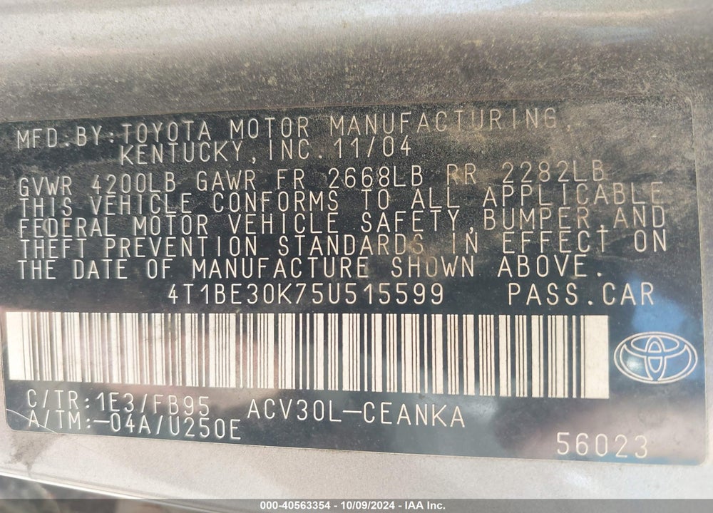 2005 TOYOTA CAMRY LE VIN: 4T1BE30K75U515599