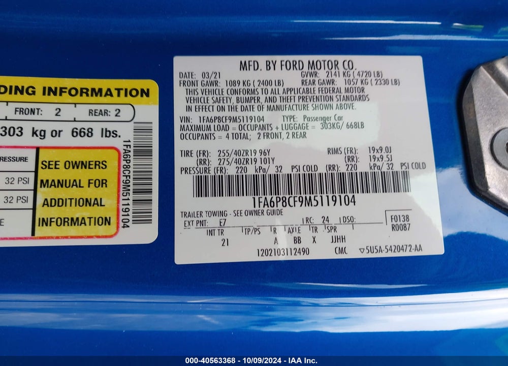 2021 FORD MUSTANG GT VIN: 1FA6P8CF9M5119104
