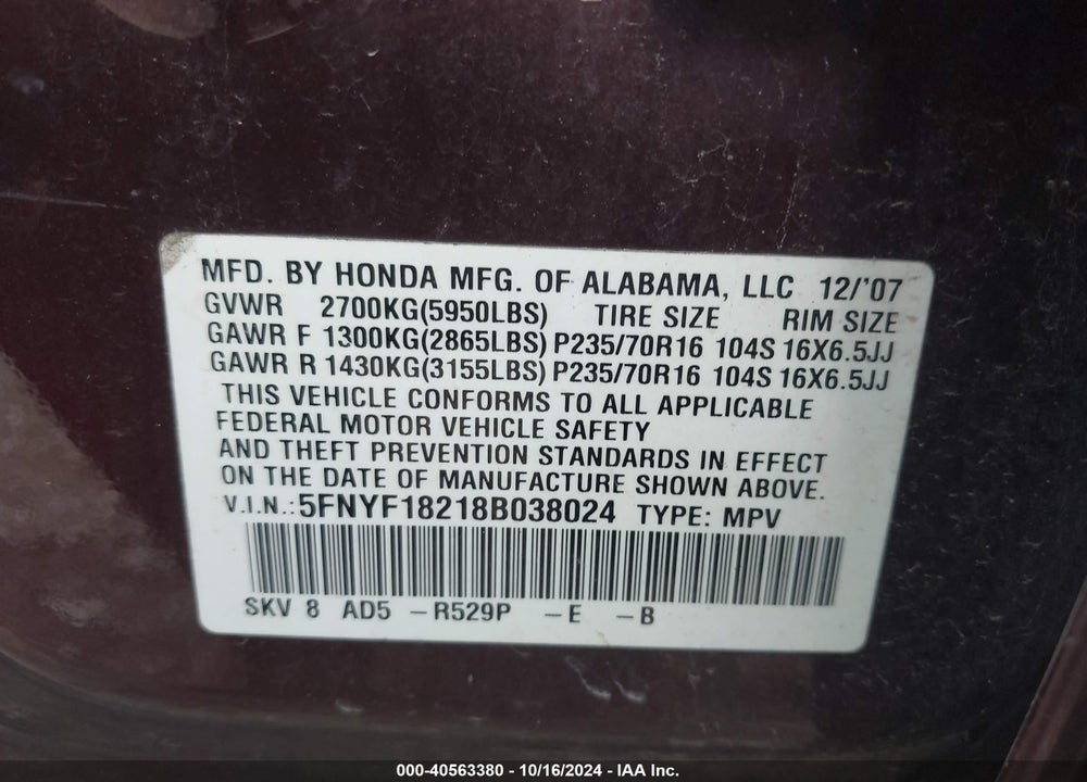 2008 HONDA PILOT VP VIN: 5FNYF18218B038024