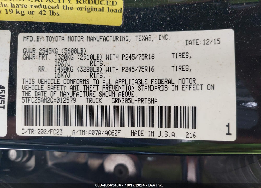 2016 TOYOTA TACOMA SR5 V6 VIN: 5TFCZ5AN2GX012579