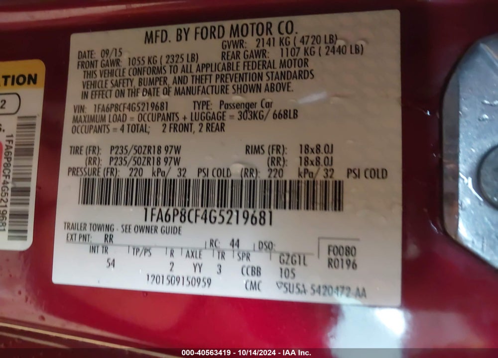 2016 FORD MUSTANG GT PREMIUM VIN: 1FA6P8CF4G5219681