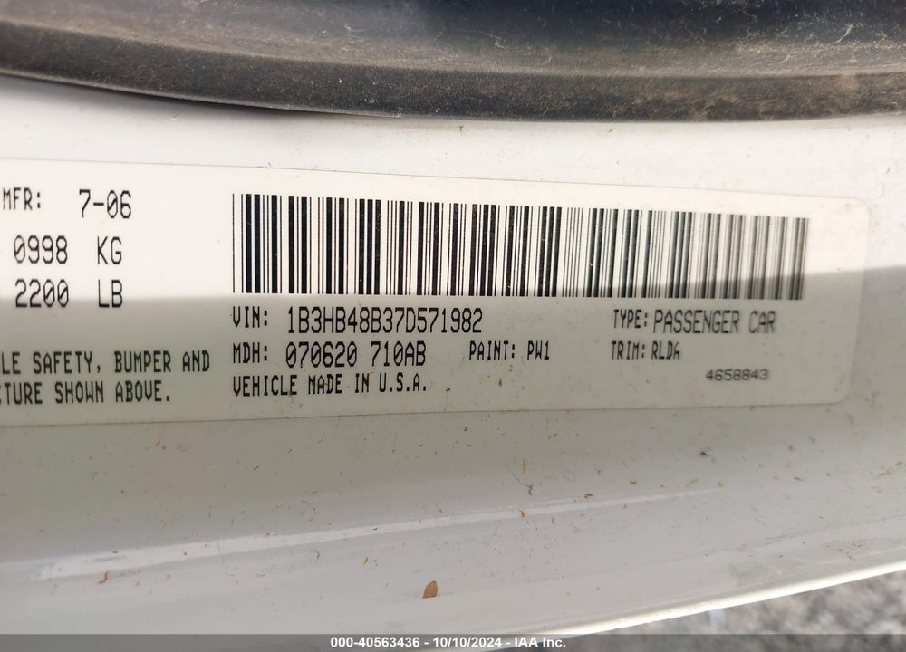 2007 DODGE CALIBER SXT VIN: 1B3HB48B37D571982