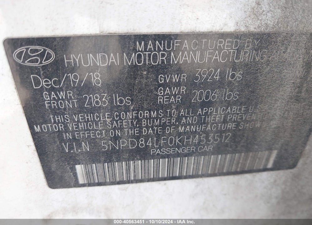 2019 HYUNDAI ELANTRA SEL VIN: 5NPD84LF0KH453512