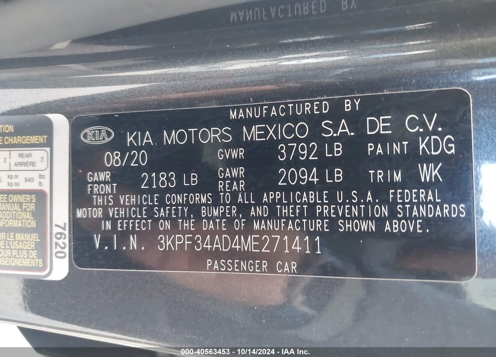 2021 KIA FORTE GT LINE VIN: 3KPF34AD4ME271411