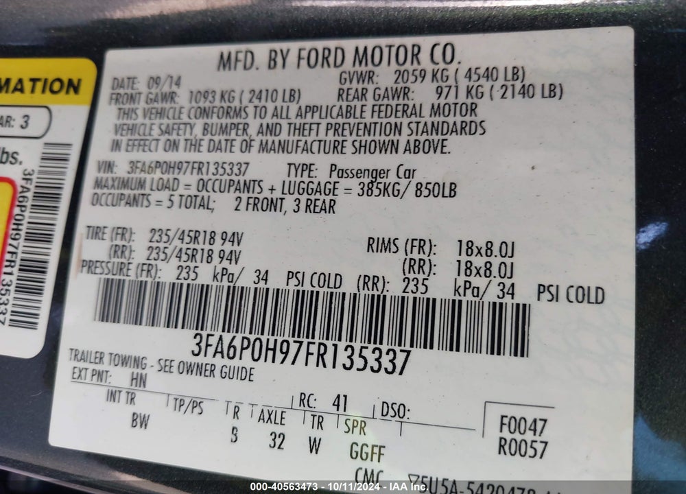 2015 FORD FUSION SE VIN: 3FA6P0H97FR135337