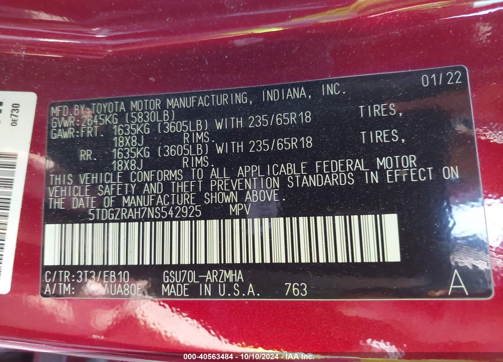 2022 TOYOTA HIGHLANDER XLE VIN: 5TDGZRAH7NS542925