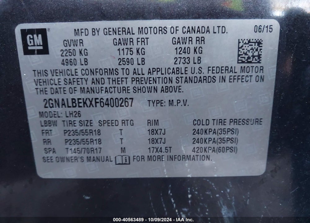 2015 CHEVROLET EQUINOX 1LT VIN: 2GNALBEKXF6400267