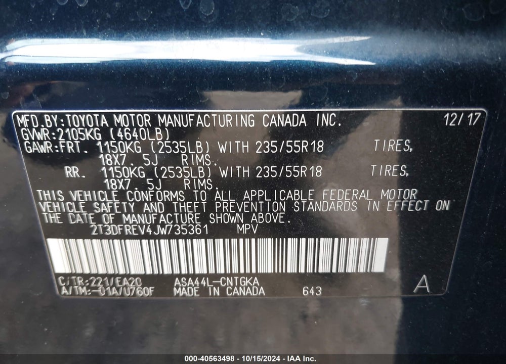 2018 TOYOTA RAV4 LIMITED/SE/PLATINUM VIN: 2T3DFREV4JW735361