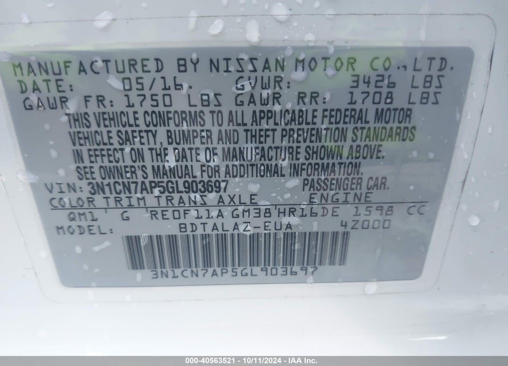 2016 NISSAN VERSA 1.6 S+ VIN: 3N1CN7AP5GL903697