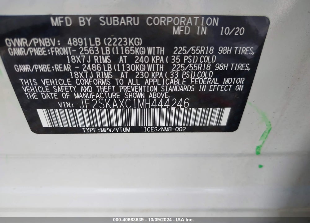 2021 SUBARU FORESTER TOURING VIN: JF2SKAXC1MH444246