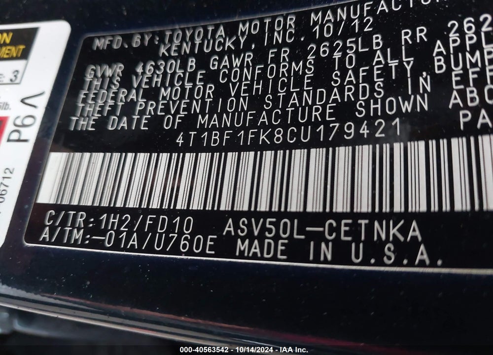 2012 TOYOTA CAMRY LE VIN: 4T1BF1FK8CU179421
